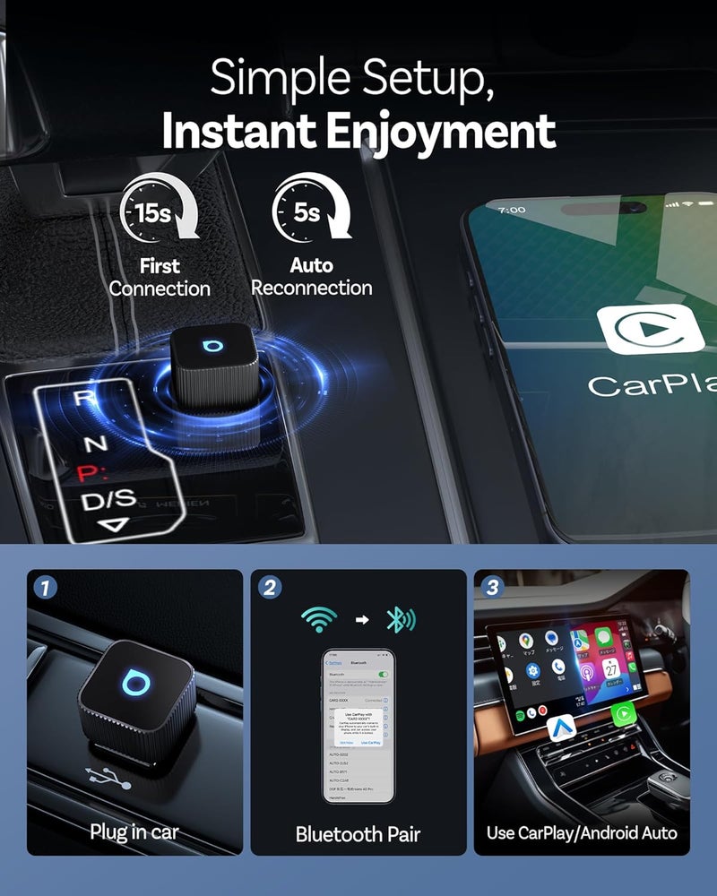 Ottocast محول Mini Cube 3.0 اللاسلكي لـ CarPlay و Android Auto 2026 - توصيل وتشغيل، إعادة اتصال سريعة تلقائيًا (أسود) - Image 5